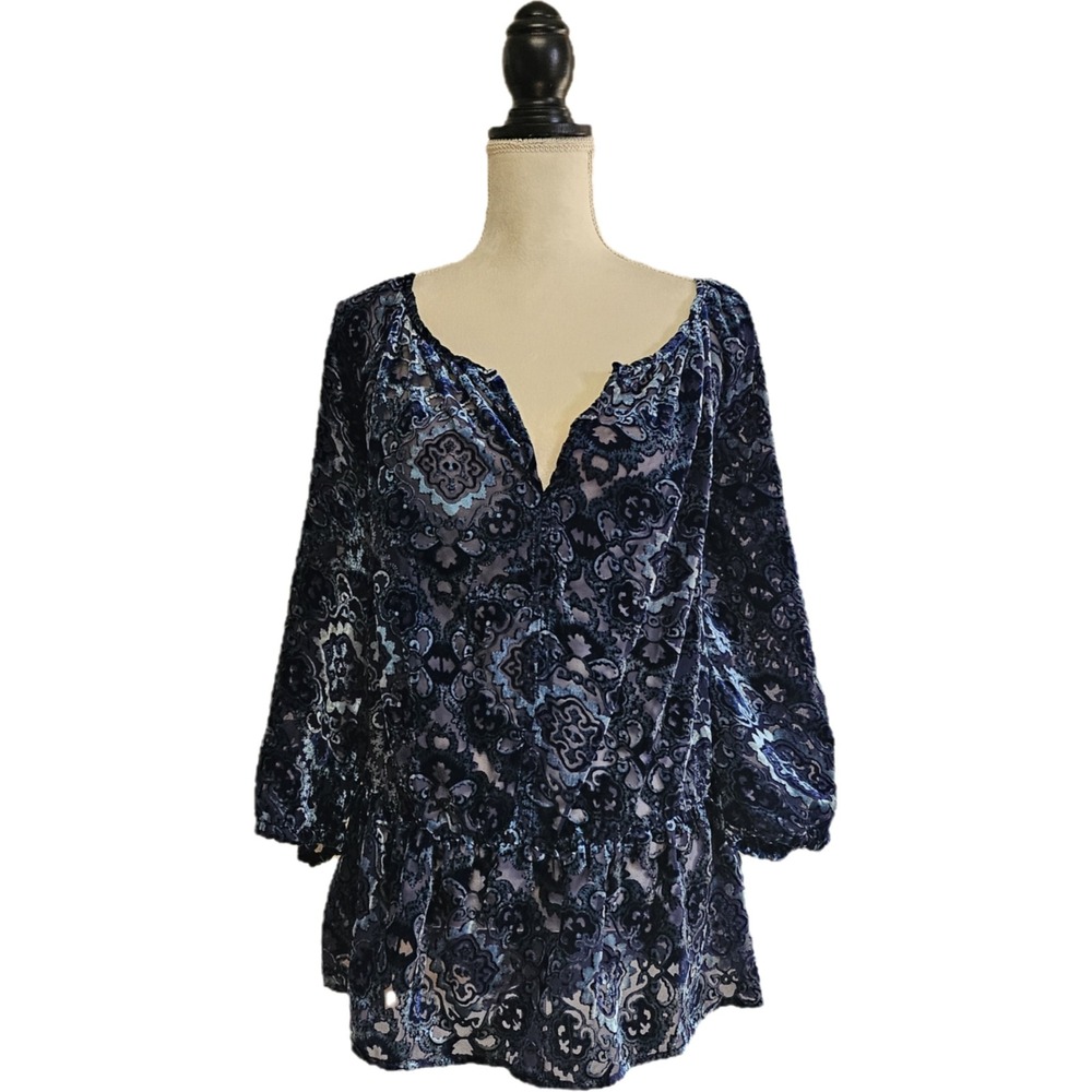 NWT Faded Glory Blue Velvet Burnout Sheer Peplum Top Size XXL Whimsigoth Witchy